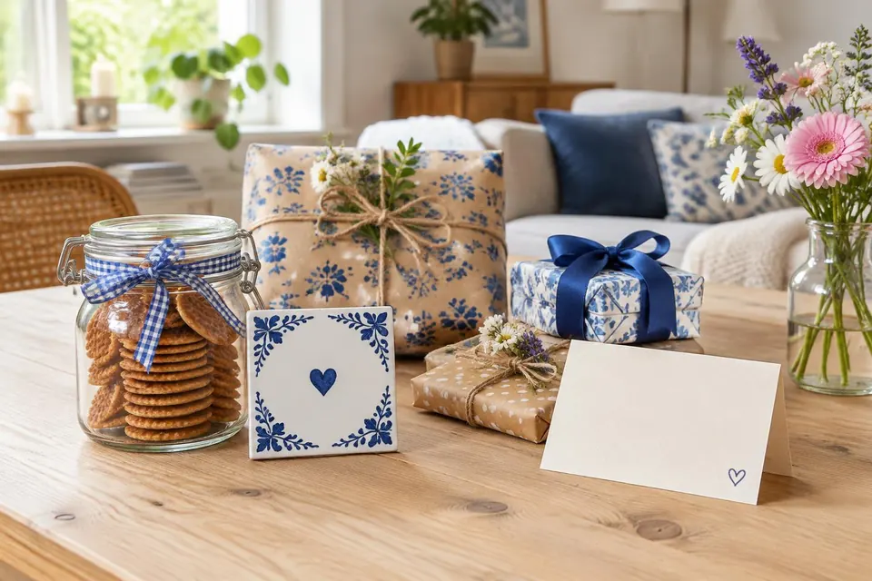 Verjaardagscadeaus met een blauw-wit tegeltje, stroopwafels en een kaart op een houten tafel; illustratieve afbeelding