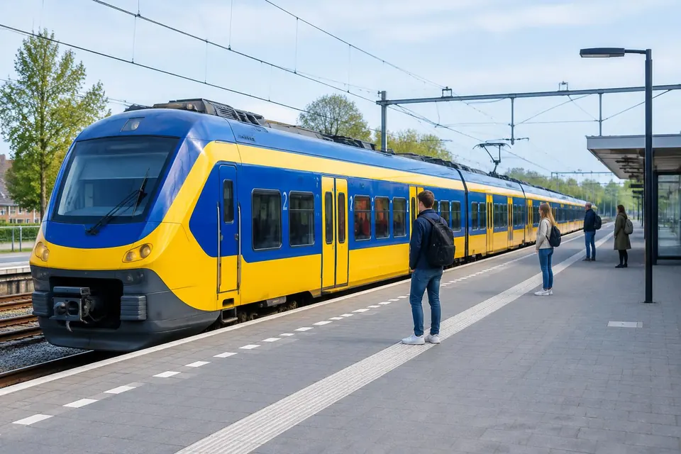 Illustratief AI-beeld van een geel-blauwe trein langs een perron met enkele reizigers