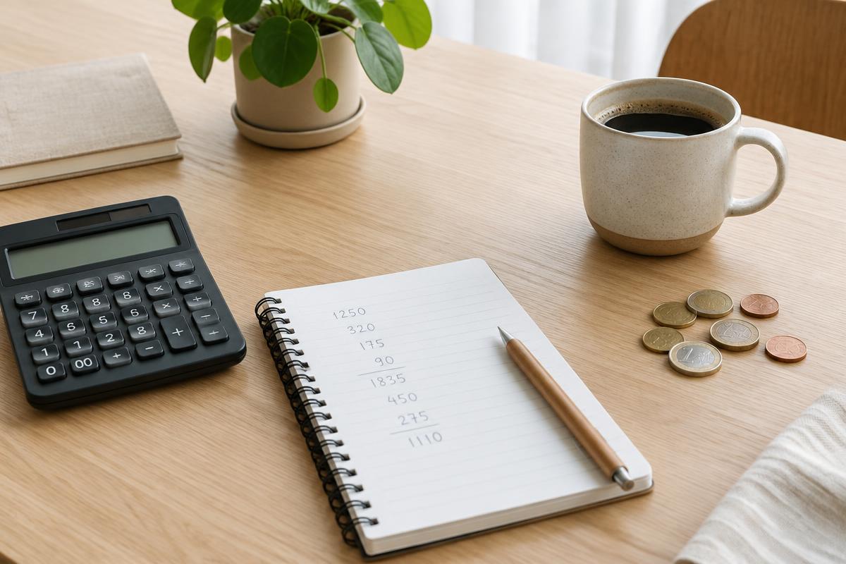 Rekenmachine, notitieboek met berekeningen en euromunten op een houten bureau