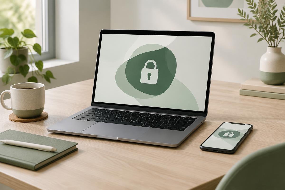 Laptop en smartphone op een bureau met een slotpictogram op het scherm, symbool voor een wachtwoordmanager