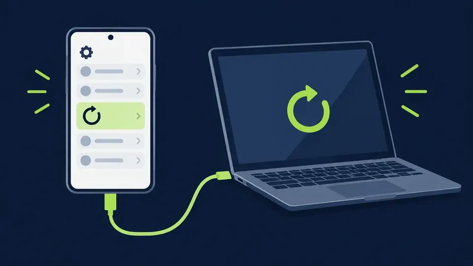 AI-illustratie van een smartphone met instellingenscherm en resetpijl naast een laptop met kabel; geen specifiek Apple-product