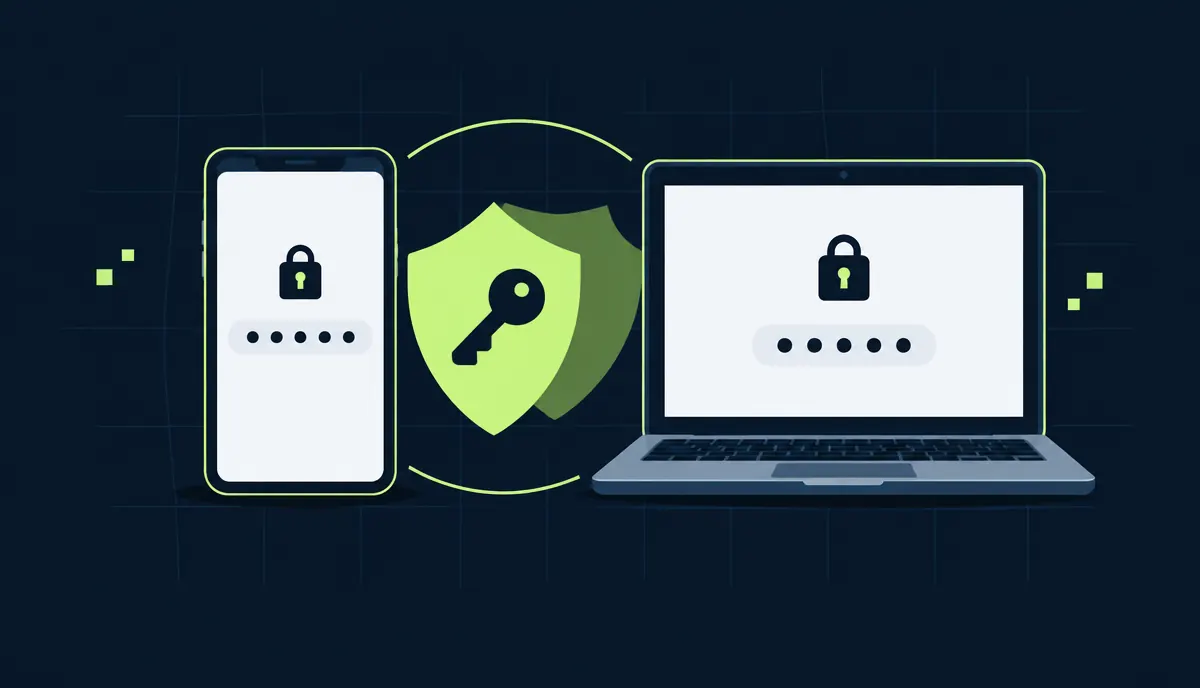 Illustratie van een smartphone en laptop met slot en invoerstippen, tussen twee schilden met een sleutel; geen specifiek Apple-product