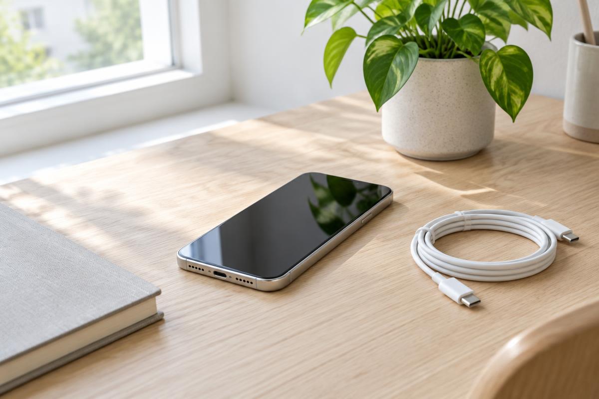 iPhone met oplaadkabel op een houten bureau bij een raam met daglicht