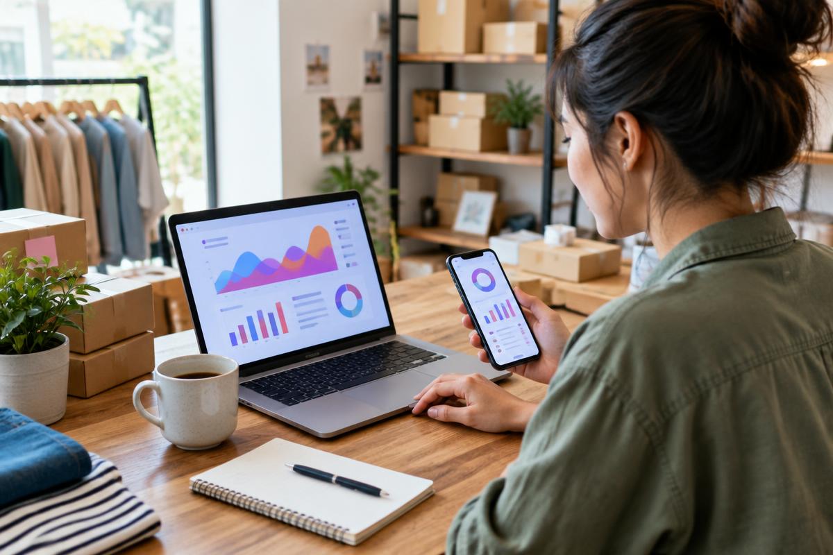 Ondernemer bekijkt grafieken op laptop en smartphone in een kleine webshop met verzenddozen
