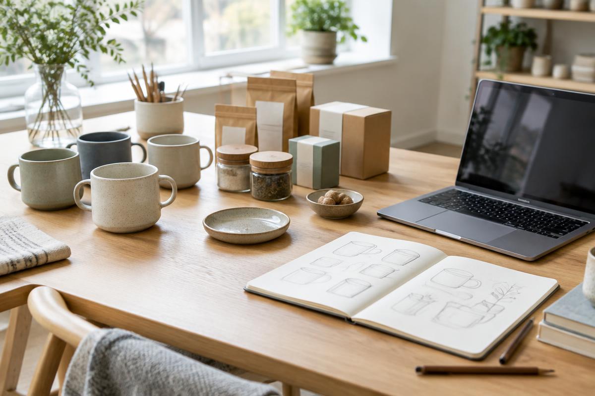 Keramische mokken, verpakte producten, schetsboek en laptop op een houten tafel