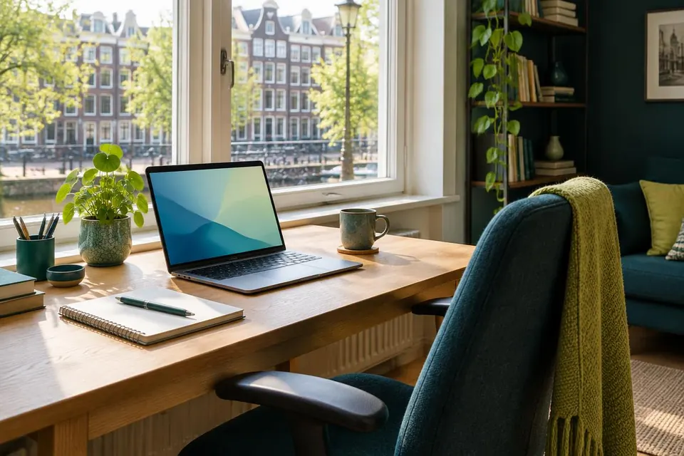 Thuiswerkplek met laptop, notitieboek en plant bij een raam met uitzicht op een gracht